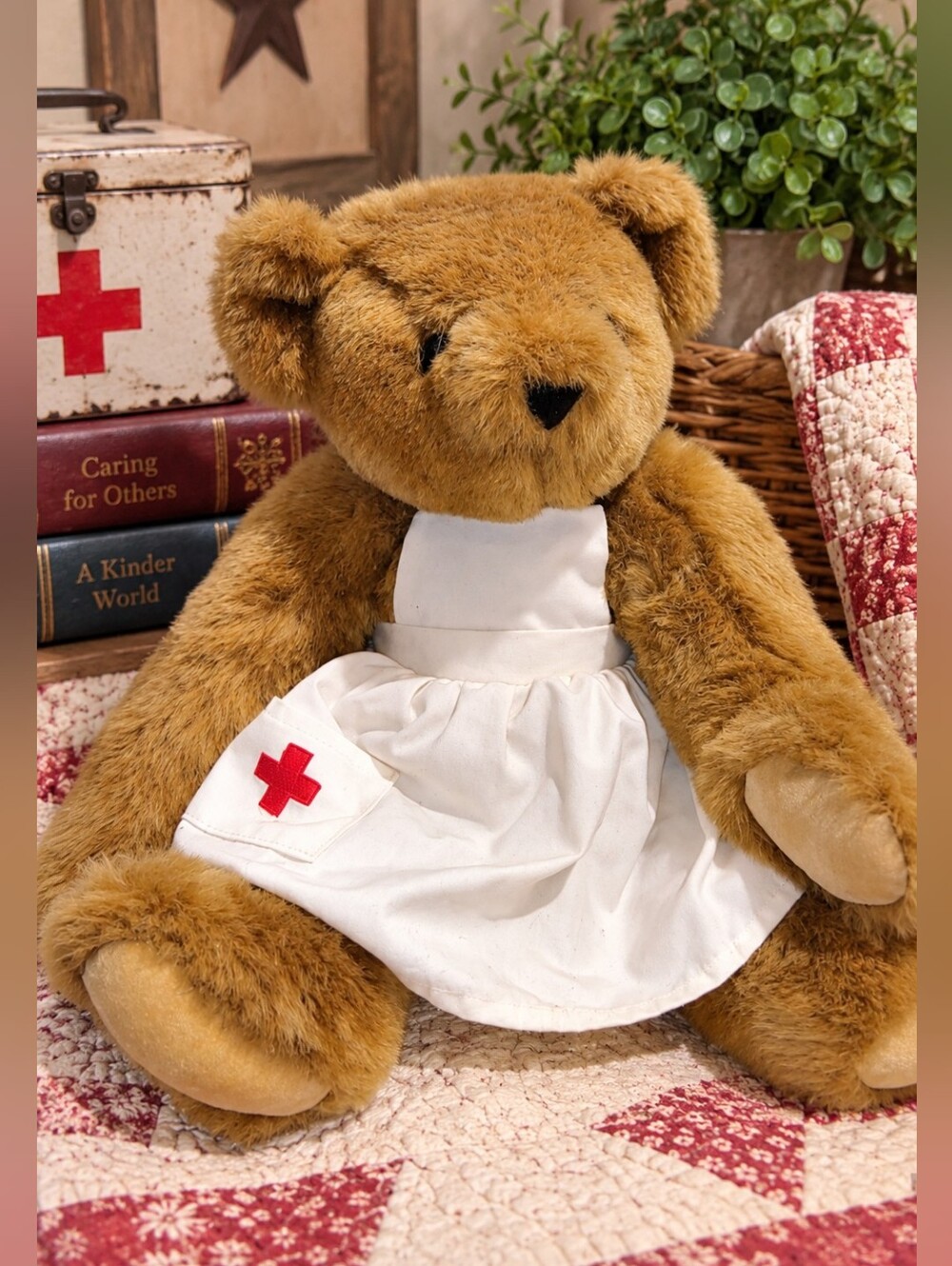 Vintage Vermont Teddy Bear 16” Jointed Nurse Bear Mid 1990s